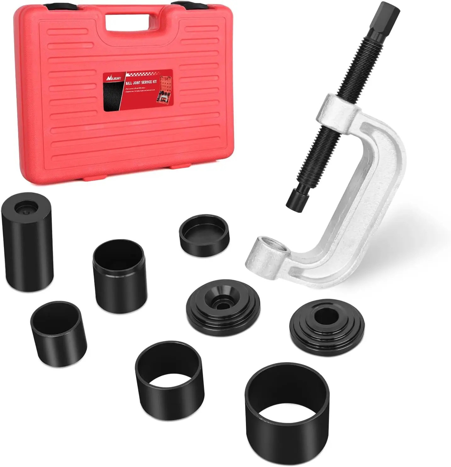 Nilight 10-PCS Multi-Size Forged Steel Ball Joint Press Kit - Portable Automotive Repair Tool for Novices, 1x C-Clamp, 1x Forcing C-Screw, 4x4 Adapters, Installation Cup Adapter for 2WD & 4WD Cars, Light Trucks, Automotive Repair Kit, Pressfit Pin Pull