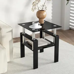 Modern Glass End Table, 2-Tier Side Table with Tempered Glass Top & Metal Legs, Night Stand Corner Table for Living Room, Bedroom