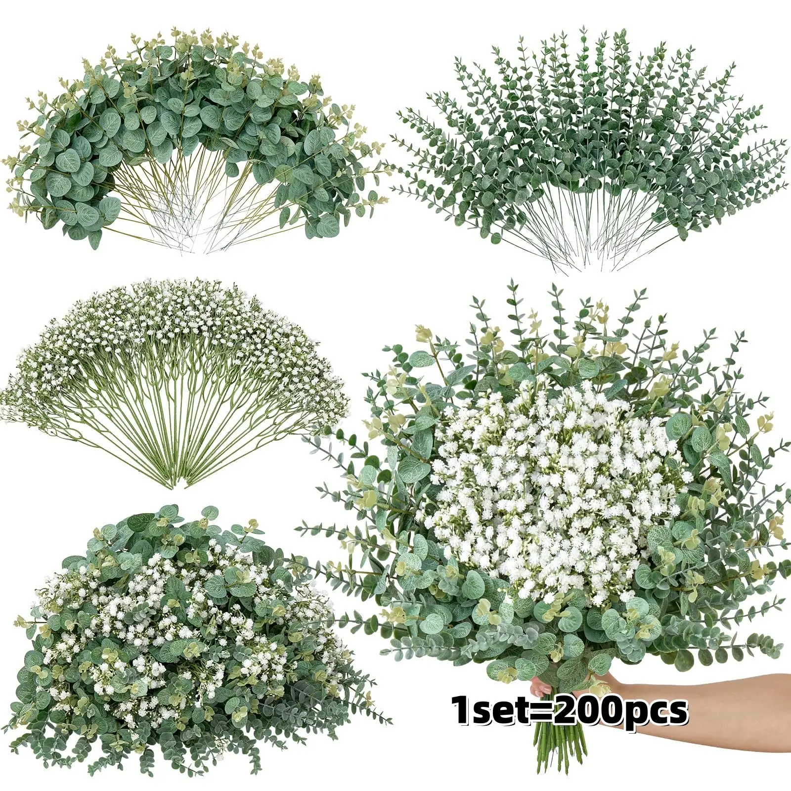 200 Pcs Mixed Artificial Eucalyptus Stems, Babys Breath Flowers for Weddings, DIY Bouquets, DIY Floral Arrangements, Home Decor, Decorative Fake Plant, Fake Greenery, Faux Greenery Plants, Fake Plant Decoration, Faux Flower Decorations