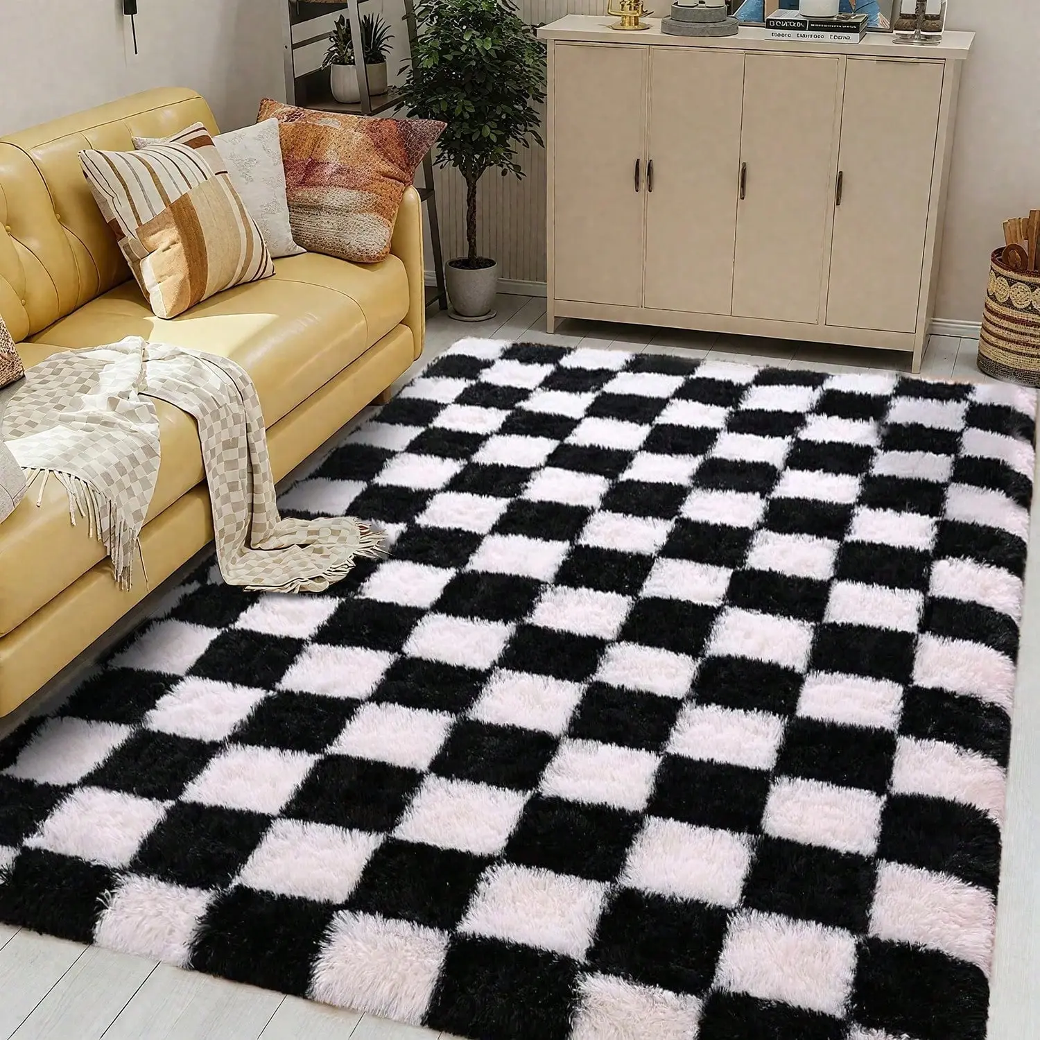 5x7ft Black & Grey Checkerboard Shag Decorative Rug, Fluffy Soft Washable Carpet with Anti-Slip Base, Modern Home Aesthetic for Bedrooms Nurseries & Living Areas