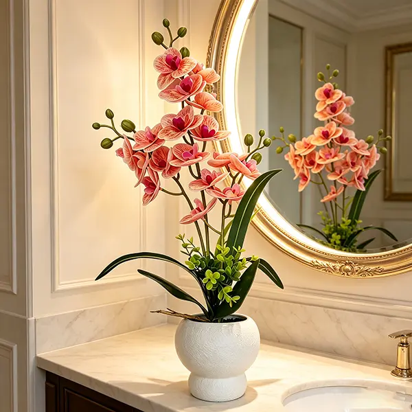 19.2-inch Artificial Rose Pink Phalaenopsis Orchid Arrangement, Lifelike-Touch Faux Orchids in a White Planter, Home Desktop Decoration, Wedding Centerpiece