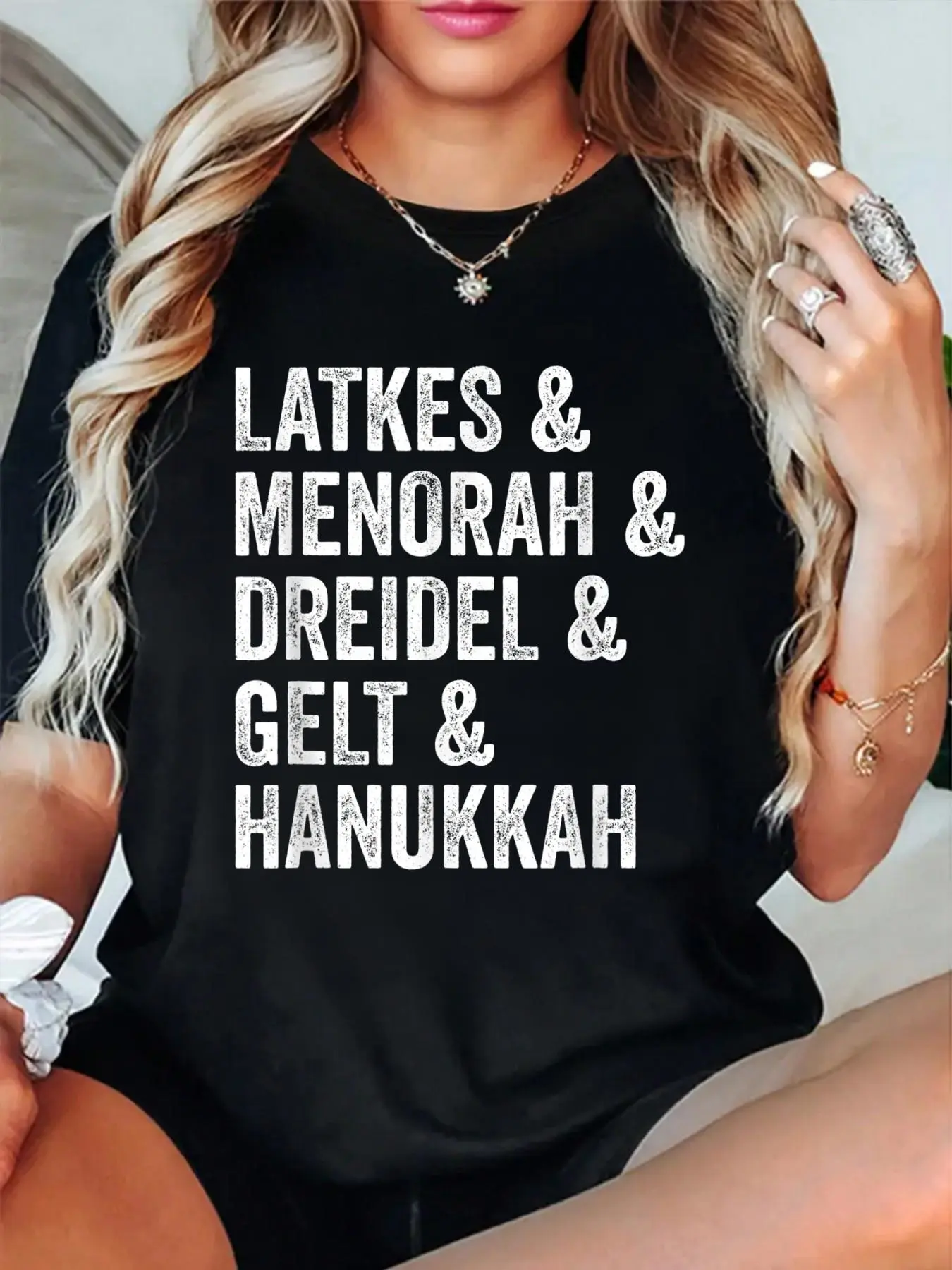 Women's Super Soft Cotton Short-Sleeve Printed Round Neck T-Shirt - Loose Fit Hanukkah (Latkes, Menorah, Dreidel, Gelt) Graphic Black Top, Machine Wash, Tumble Dry, Party & All Seasons Chic Holiday Apparel, Note: Do Not Bleach