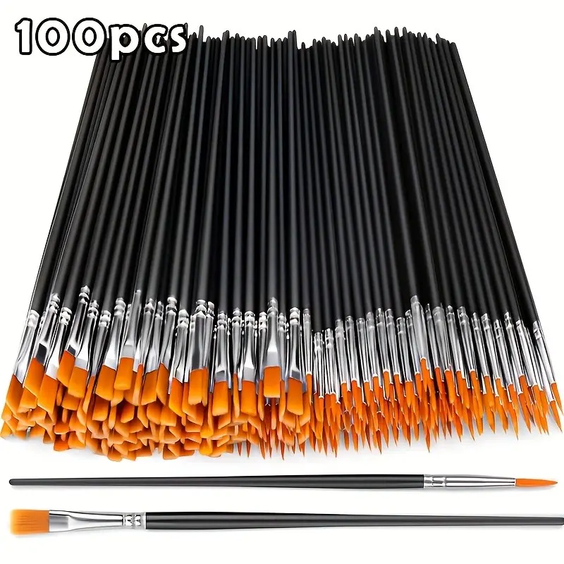 100pcs Synthetic Paint Brushes Set, Flat & Round Tips, Durable Pattern Handles, Professional Art Kit, Art Supplies for Acrylic Watercolor Face Painting Canvas Stone