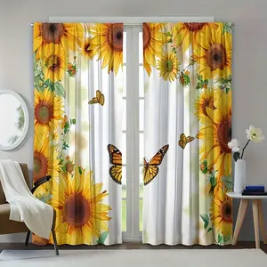 Butterfly Sunflower Pattern Print Curtain Set 2 Pieces, Snowflake Design Holiday Home Decor, Home Decoration Curtain, Suitable for Living Room Balcony Bedroom Windows