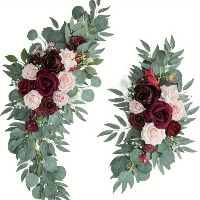 Two piece set of wine red and blush red artificial wedding arch flower decorations, Artificial flower arrangements, imitation roses with green leaves, for wedding decoration, Faux floral decor