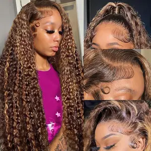 [30inch only $108] 13x6 Deep Wave Lace Front Wigs 30 Inch 4/27 Honey Blonde 200 Density Human Hair Pre Plucked Highlight Ombre HD Lace Frontal Wig for Women