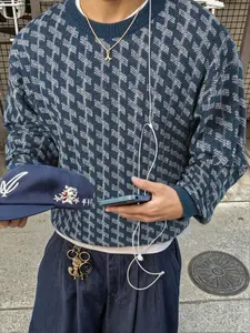 Men's Casual Vintage Jacquard Striped Knit Sweater, Round Neck Pullover Long Sleeve Top, Fall & Winter Fashion, European Style, Knitwear