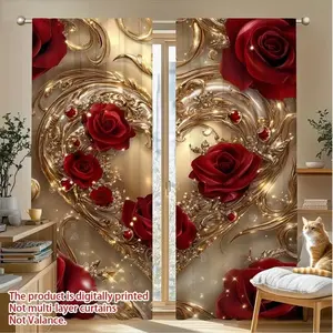 Heart Rose Print Curtains Set, Fashionable Rod Pocket Window Drapes, Upgrade Curtain, Home Decoration Curtain, Home Decorative Curtain, Interior Decoration Accessories, for Bedroom & Living Room, Comfortable Atmosphere, Easy Installation