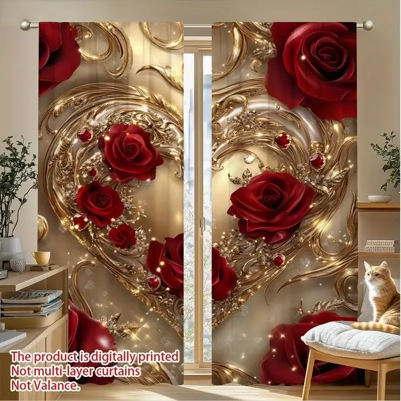 Heart Rose Print Curtains Set, Fashionable Rod Pocket Window Drapes, Upgrade Curtain, Home Decoration Curtain, Home Decorative Curtain, Interior Decoration Accessories, for Bedroom & Living Room, Comfortable Atmosphere, Easy Installation
