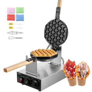 VEVOR Commercial Bubble Waffle Maker, 1400W Egg Pancake Baker Machine, Non-Stick Stainless Steel Egg Bubble Puff, 180 Rotatable, Temp and Time Control, Wooden Handle, for Restaurant Bakery Snack Bar