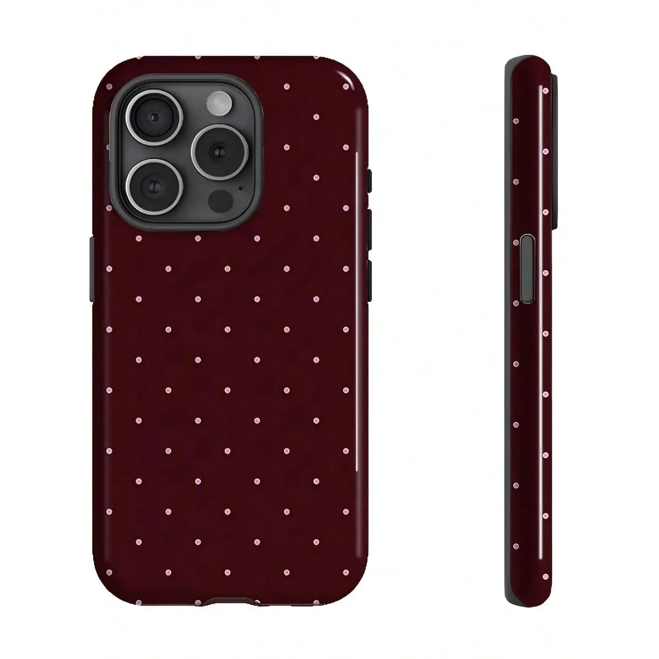 A burgundy background phone case with pink dots and a dual matte texture. Compatible with iPhone 17/16/15/14/13/12/11/X/XS/XS Max/XR/7 Plus/8 Plus, it makes a suitable gift for various occasions., Cover, Accessories, Smartphone,summerwins