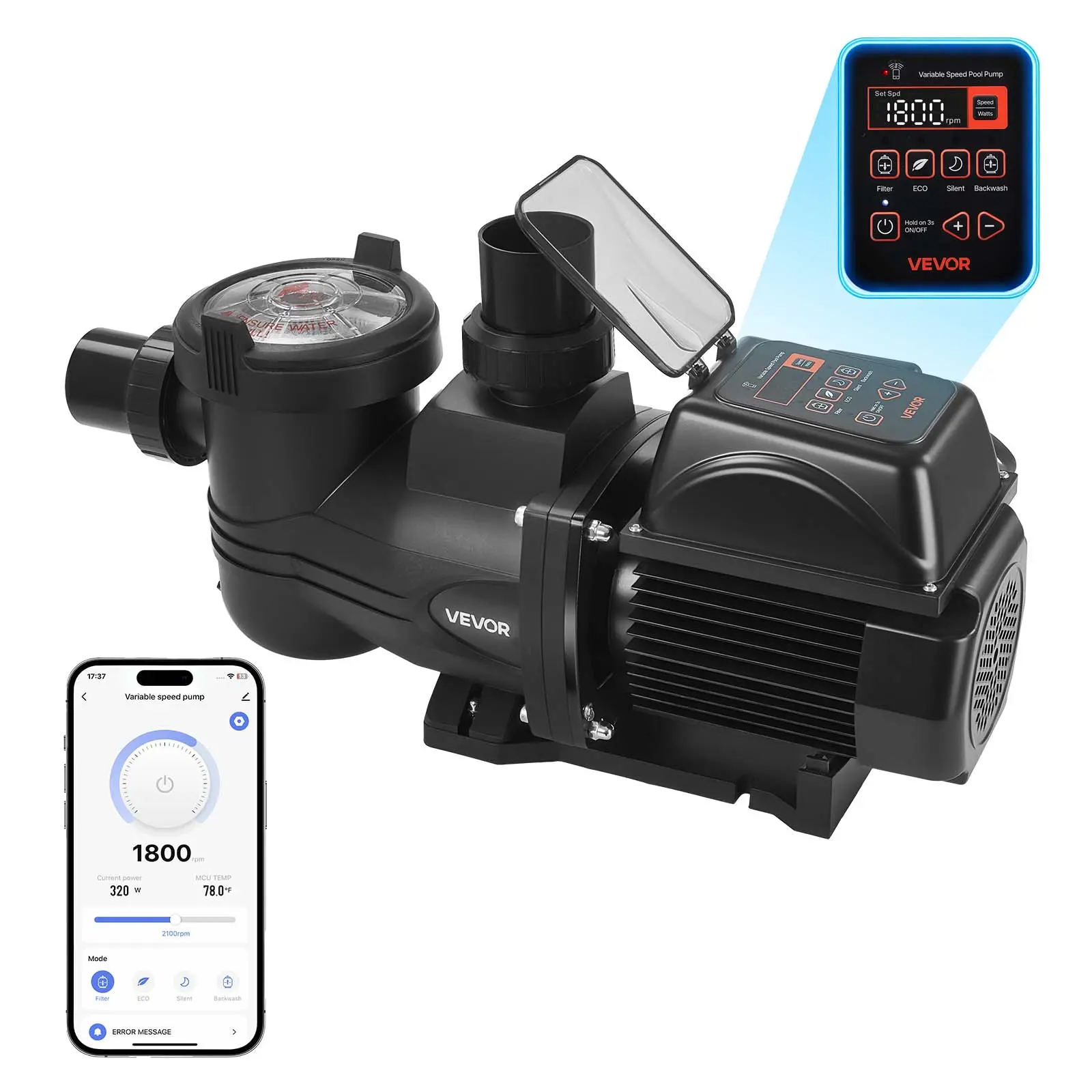 VEVOR Variable Speed Pool Pump, 2 HP, AC 220-240V, 145 GPM, In/Above Swimming Pool Pump with Filter Basket, Powerful Self Priming, Programmable Timer, for Inground and Above Ground Swimming Pool#BackToSchool