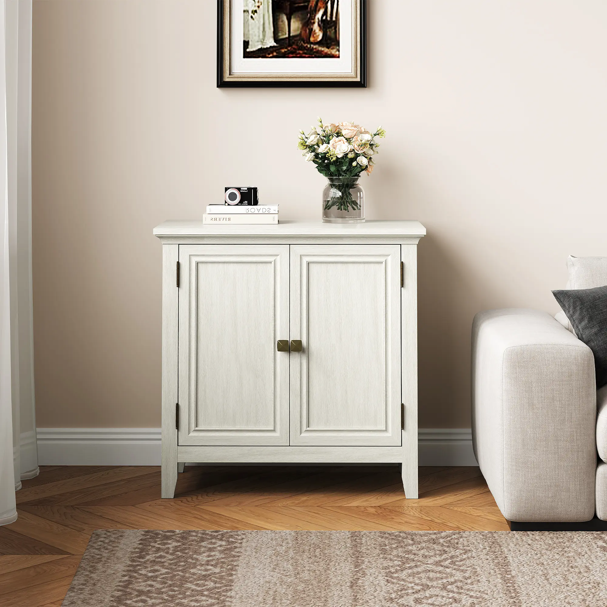 Royalcraft 2-Door Buffet Cabinet with Storage, Bohemian Sideboard with Adjustable Shelves, Wood Credenza Cabinet, Console Table for Bedroom, Living Room, Dining Room, Hallway, Grayish-White