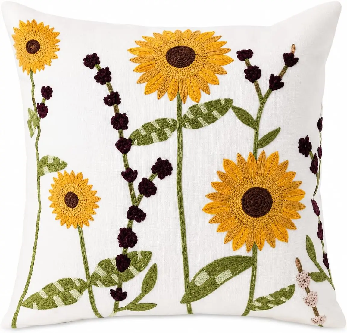 Selection Throw Pillow with Insert Included, 18x18 Inch Ivory White Woven Canvas Decorative Pillow, Sunflower Embroidery, Hidden Zipper, Farmhouse Boho Floral Couch Sofa Bed Accent Pillow