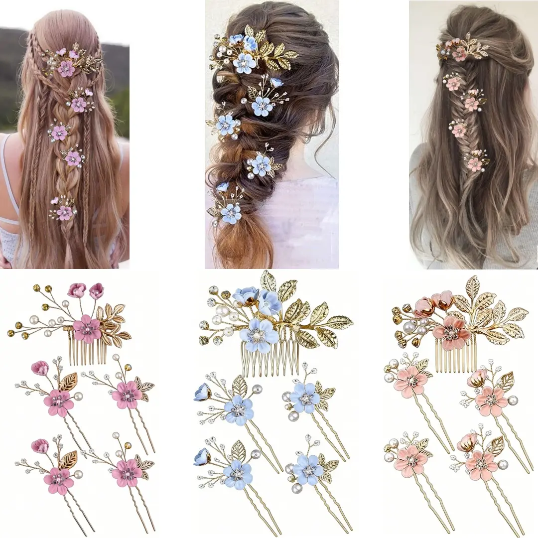 5Pcs Bridal Flower Pearl Rhinestone Hair Pins Set, Elegant Wedding Bridesmaid Hair Comb, Gift For Mom, Bride Holiday Decorative Hair Clips, Mother's Day Gift