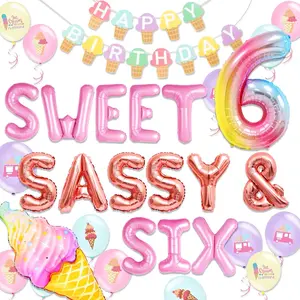Sweet Sassy and Six Birthday Decorations for 6 Year Old Girl Ice Cream Theme Party Supplies with Backdrop Balloons Sweets Donuts Theme