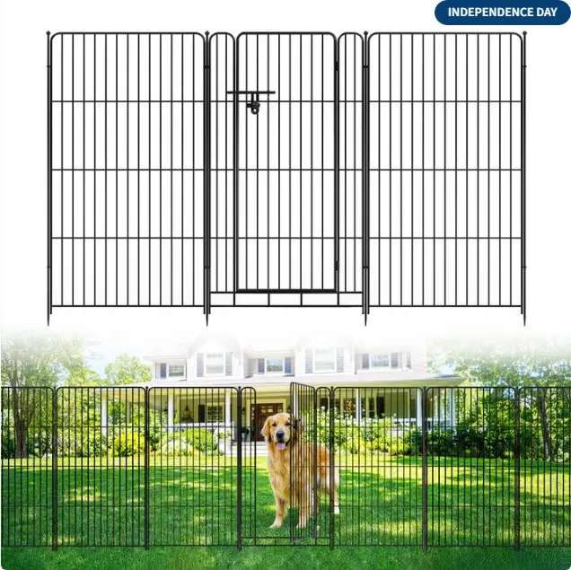 No-Dig Garden Fence with Gate, 10 Pack Decorative Black Metal Animal Barrier, 36 in x 27 in Panels, 22.1 ft Modular Rustproof Fence for Lawn, Patio, Flower & Vegetable Beds