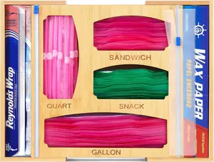 Storage Organizer for Ziplock Food Bag, Expandable Kitchen Drawer Dispenser, Bamboo Holder with Slide Cutter, Suitable Gallon, Quart, Sandwich, Snack Bags and 12" Aluminum Foil & Wax Paper