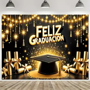 1pc Summervibes 2D Flat Spanish Feliz Graduation Banner Backdrop - Golden Cap & Diploma Design, Polyester, Multipurpose Festive Decor for Grads, Graduation Parties, Birthday Events, Indoor/Outdoor Use,summervibes