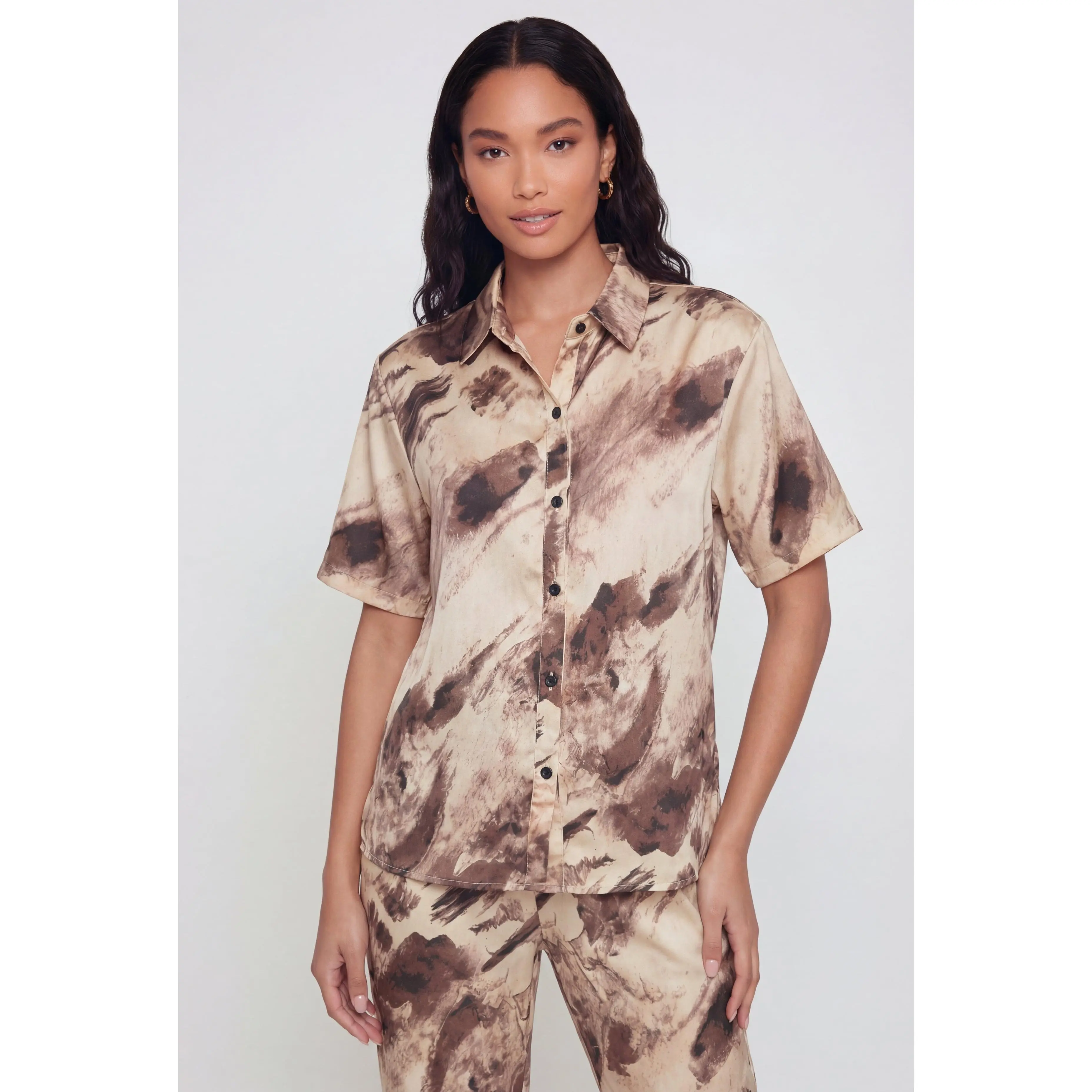 Satin Printed Pattern Button Front Shirt