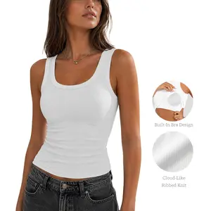 Women’s Built-In Bra Tank Top, Ribbed Scoop Neck Padded Sleeveless Camisole, Soft Stretch Basic Tank for Casual Daily Wear  summervibes