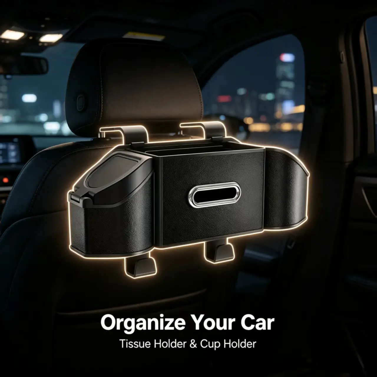 4-in-1 Compact Car Back Seat Storage Organizer - Tool-Free Headrest Fit, Road Trip Essential Car Accessory with Drink Cup Holder, Tissue Holder, Phone, Snack & Bag Storage, Cars Accessories