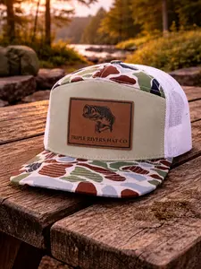 Bass Fishing Trucker Hat, Triple Rivers Hat Co Leather Patch Snapback Cap, Flat Bill Angler Hat, Outdoor Fishing Mesh Back Hat for Men, Fisherman Gift