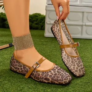 Women's Leopard Print Mesh Mary Jane Flats, Fashionable Square Closed Toe Flats