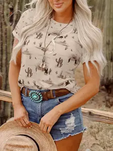 Women's Cactus & Desert Print Short Sleeve Summer T-Shirt, Casual Western Style Tee For Daily Wear Everyday