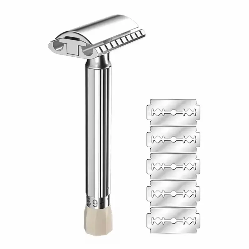 Men's Zinc Alloy Metal Safety Razor - 9-Speed Sharpness Adjustable Shaver, Mild to Aggressive Settings, Classic Styling, Quick Blade Replacement, Includes 5 Blades