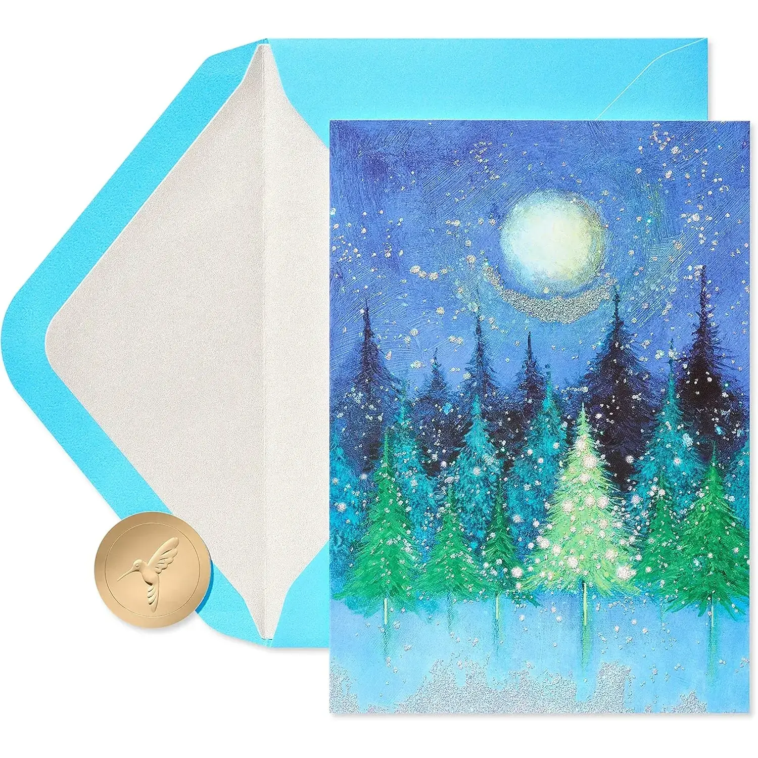 14-Count Christmas Cards Box Set with Envelopes - Office Stationery Card Stock, Aqua & Gold, Shimmering Glitter Trees, Painted Winter Scene, Peace of the Season Theme, Blank Fronts for Family Holiday Greetings