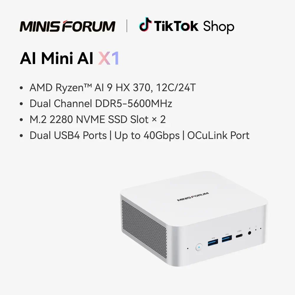 MINISFORUM MINISFORUM AI X1-255 Mini PC AMD Ryzen 7 255 (8C/16T, up to 4,9 GHz), 32 GB DDR5 RAM 1 TB M.2 SSD,HDMI/DP/USB4 (4K@120 Hz), Dual Speaker/DMIC,USB-A X 3, 2.5G LAN, Wi-Fi 7/BT5.4