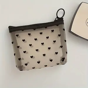 2pcs Chic Black Heart Mesh Cosmetic Bag - Compact, Foldable Makeup Pouch for Women | Portable Lipstick & Accessory Organizer, Makeup Storage Bag