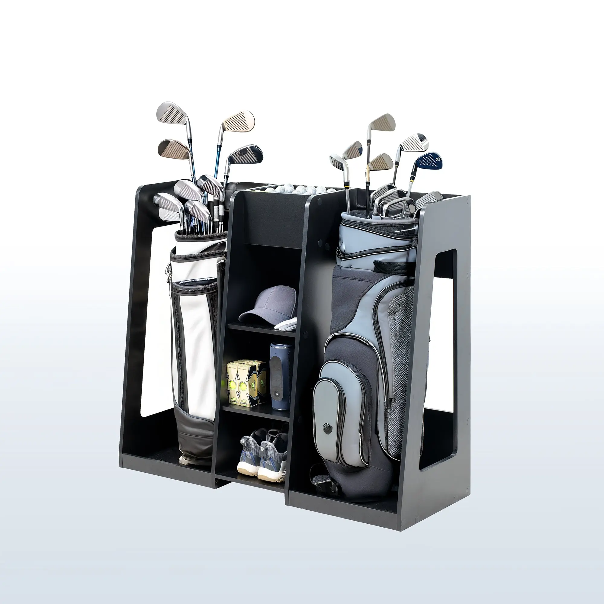 Life Finds by VIVO Golf Bag Storage Organizer for Golfing, Fits 2 Full-Size Bags, Features 3 Middle Cubbies, Top Compartment for Balls, Three Middle Cubbies