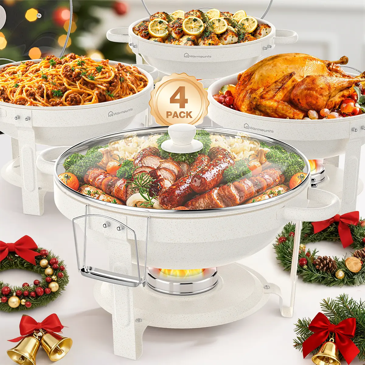 dealsforyoudays WARMOUNTS 5QT White Round Chafing Dishes for Buffet with Glass Lid (2/4 Pack) - Maifanite-Coated Buffet Warmers, Mirror-Polished Stainless Steel, Rolled Rim, Stackable, Lid Holder, Serving, Server Accessories, for Easter Brunch, Parties