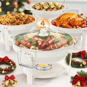 WARMOUNTS 5QT White Chafing Dishes for Buffet with Glass Lid 2/4 Pack, Maifanite-Coated Round Chafing Dish Set w/Mirror-Polished Stainless Steel Rolled Rim, Stackable, Lid Holder for Party, Wedding