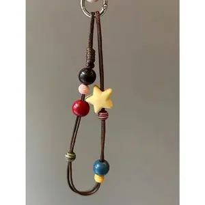 INS Fashion Brown Retro Square & Star Waxed Cord Phone Chain, Compatible With Lanyard Necklace Strap, Versatile For Autumn/Winter