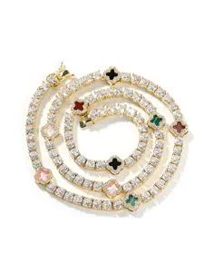 18k Plated Zircon Clover Necklace, Layered Necklaces, Four Leaf Clover Links, Full Cz Tennis Style, Hip Hop Inspired Jewelry Gift