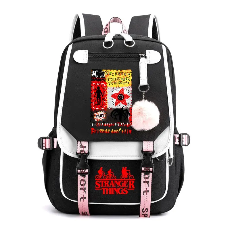 Stranger Things Collage Print Backpack - Black-White-Pink Contrast School Rucksack with Fluffy Pom Pom Pendant for Teens, Casual Travel Bag