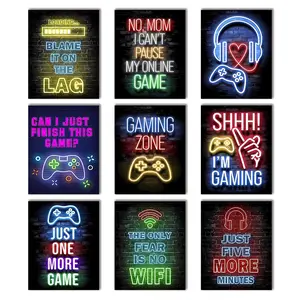 Game Themed Neon Gamer Quotes Posters, 9 Counts Creative Wall Art without Frame, Modern Wall Art for Living Room, Bedroom, Office, Bar, Home Decor Accessory