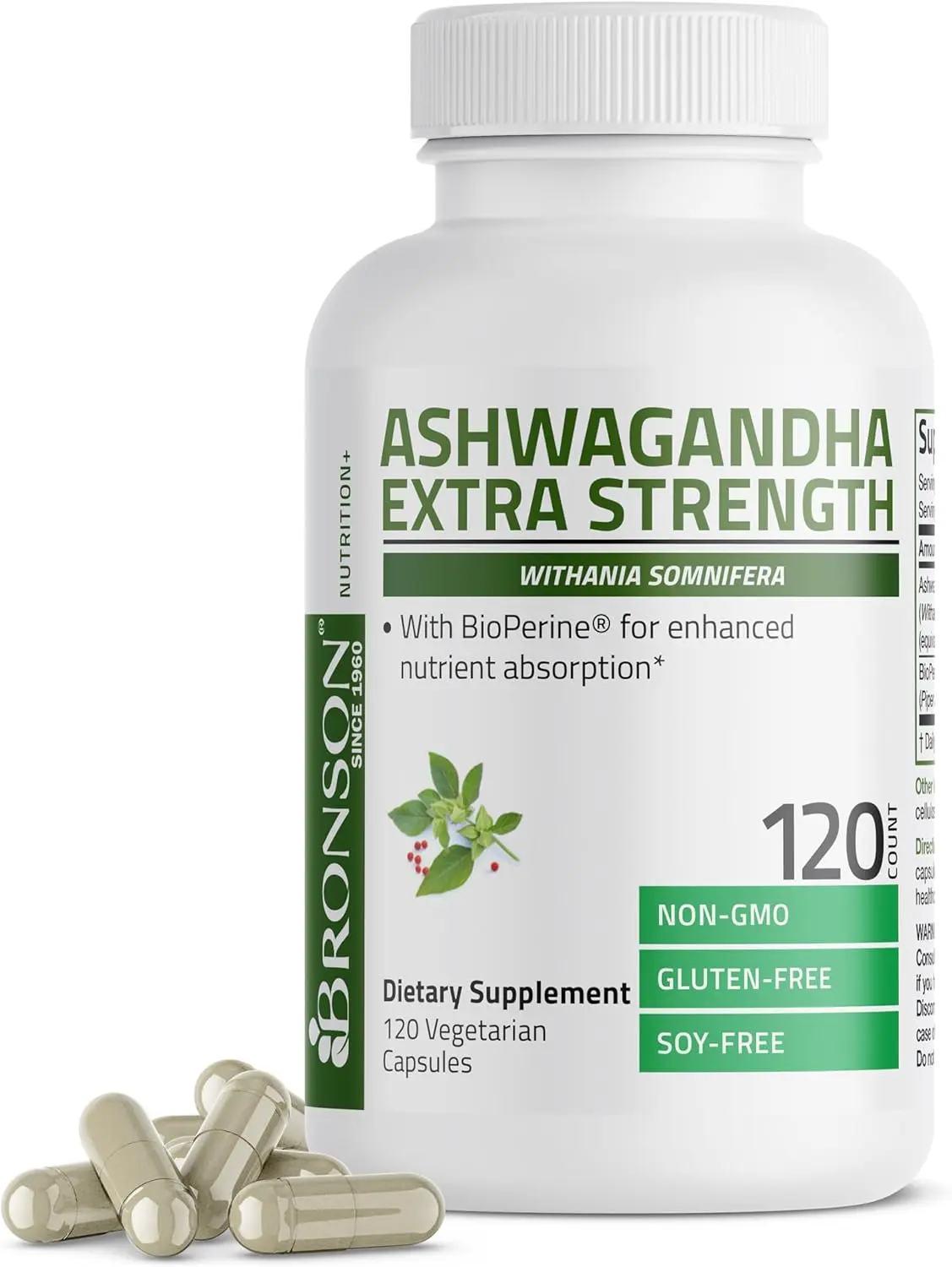 Bronson Extra Strength Ashwagandha Dietary Supplement with BioPerine - GMP Certified Stress Aid, Gluten Free, Non-GMO, 1 Bottle of 120 Vegetarian Capsules for Adults, Botanical Herbs, 120 Count, 2.29 Ounces