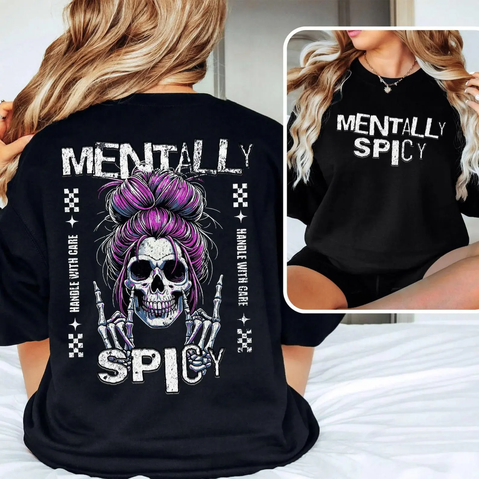 Women's  Basics Minimalist Long-Sleeve Hoodie - Unisex Pullover with Sassy Skull, Purple Messy Bun, Skeleton Hands, Handle With Care Vibes for Spicy Souls, Figure-Flattering Party Street Top (Black)