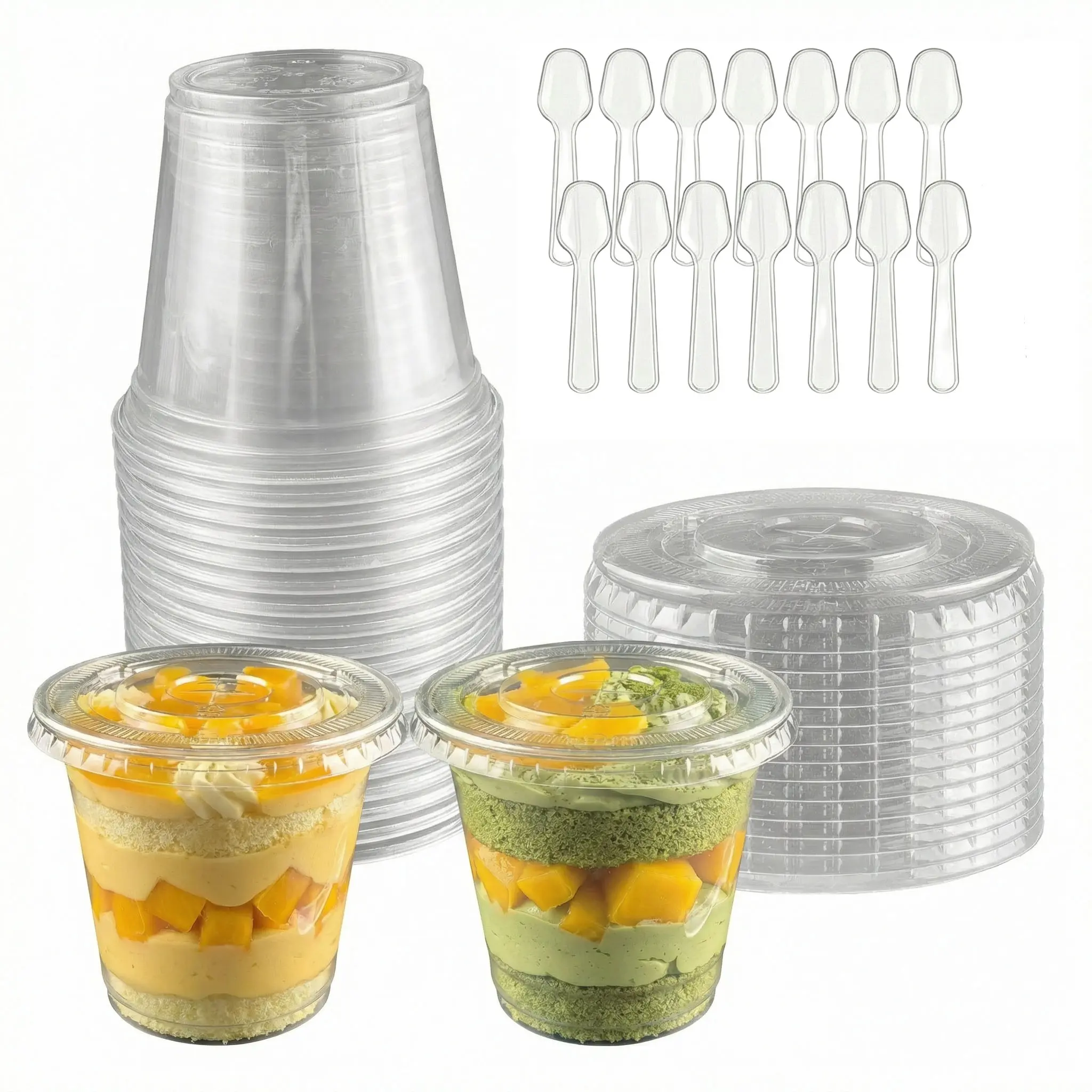 50-Pack Sturdy Transparent 9/10 oz Mini Dessert Cups with Lids & Spoons, BPA-Free Clear PET Plastic Parfait Disposable Cups, Ideal for Birthdays, Weddings