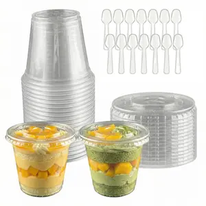 50 Pack 9/10 oz Mini Dessert Cups with Lids & Spoons Clear PET Plastic Parfait Cups for Pudding Fruit Parties BPA-Free Disposable Set Ideal for Birthdays Weddings & Catering Events