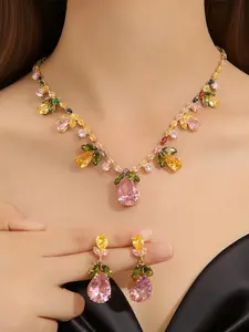 Delicated Crystal Necklace & Earring Set, Fashion Multi Color Leaf Teardrop Sparkling Necklace Earrings Set, Luxury Zircon Classic Jewelry, Wedding & Party Dress Accessories, Pretty Gift for Her, Leaf Design