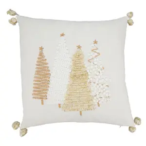 Saro Lifestyle  18 in. Holiday Cheer Christmas Trees Square Down Filled Throw Pillow with Pom-Pom Trim, Gold