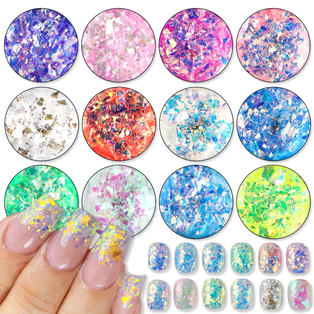 12-Box Aurora Opal Glitter Flakes Assortment Kit - Iridescent Holographic Irregular Sequins, Mermaid Chameleon Effect, Unscented Decorations for Gel Nails at Home, 3D Acrylic Gel & Colorful Polish Flakes Nail Art Accessories