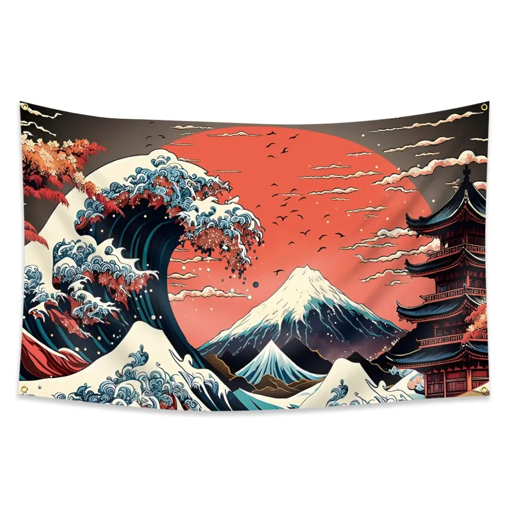 Japanese Scenery Fabric Tapestry Flag Banner Wall Hanging - Traditional Ukiyo-E Art, Mount Fuji & Spray, 4 Grommet Holes, Single-Sided Printing, for Indoor/Outdoor Home Decor