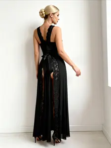 Black lace-trimmed sheer mesh long lingerie dress — nightdress with a front bow waist cincher that helps you enjoy a captivating evening