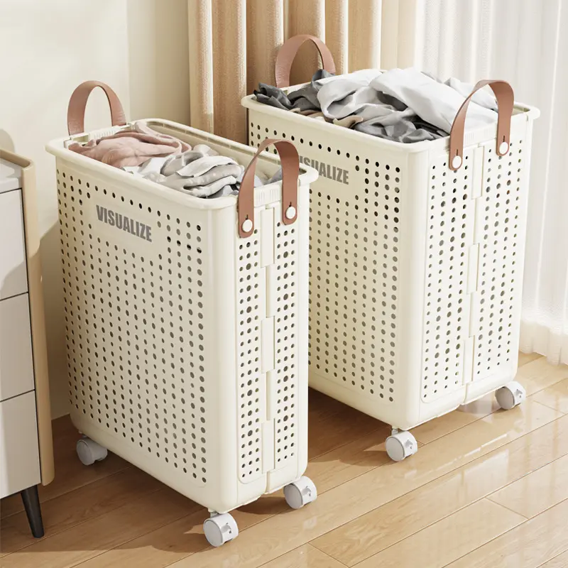 PP Foldable High-Capacity Laundry Basket with Wheels, Airflow Holes, White Body-Gray Handle, BPA-Free Durable Modern Minimalist Home Organizer for Narrow Space Storage, Bedroom Room Decor & Market Use, Markets